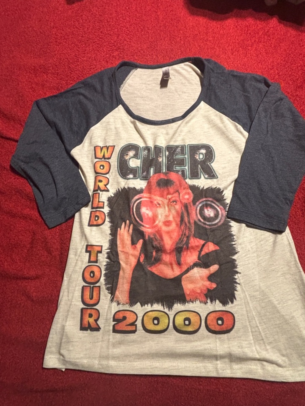 Vintage-Style Cher World Tour 2000 Raglan Women’s Tee in cream & Navy Medium